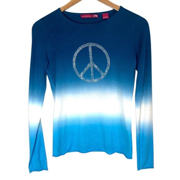 Saks Fifth Avenue 100% Cashmere Ombre Rhinestone Peace Sign Sweater Small - Picture 1 of 5